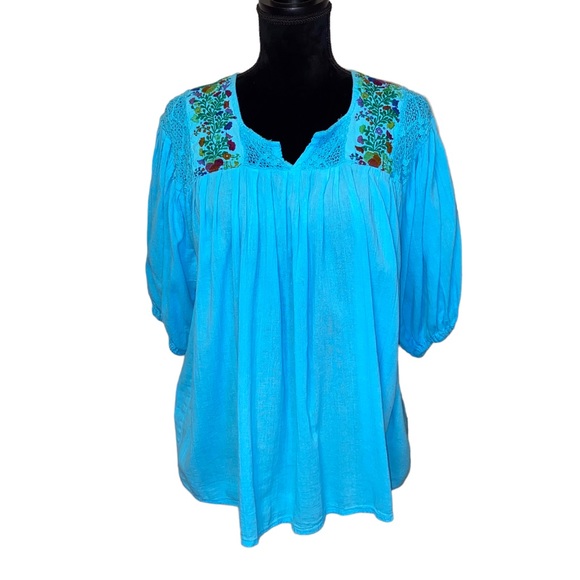 Arte Huaxyacac 100% Cotton Crochet Embroidered Size Lg Balloon Sleeve Blouse - Picture 1 of 11